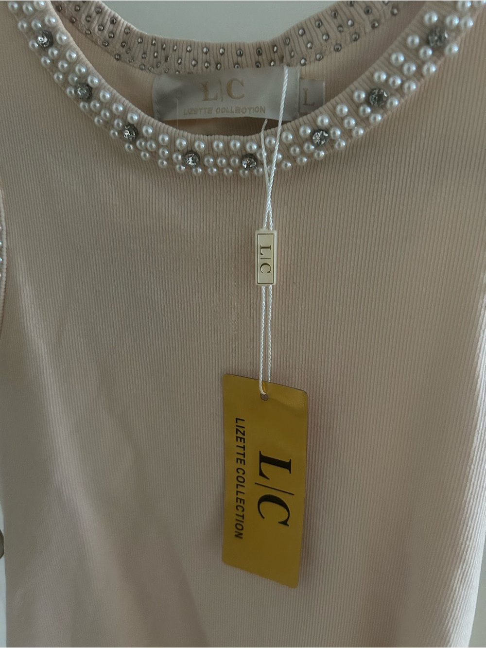LC Lizette Collection Pearl & Rhinestone Embellished Ribbed Tank Top NWT - Picture 3 of 5